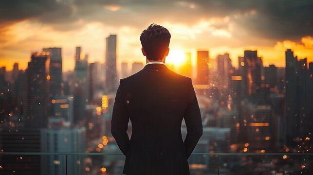 Man in Suit Overlooking Cityscape at Sunset