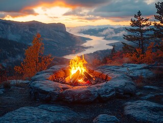 Naklejka premium Glowing Campfire Atop Rocky Outcrop Overlooking Vast Mountain Valley