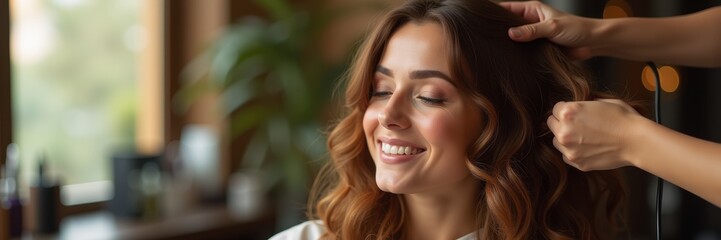 A joyful woman receiving a hair styling treatment, showcasing the artistry and care involved in salon services.