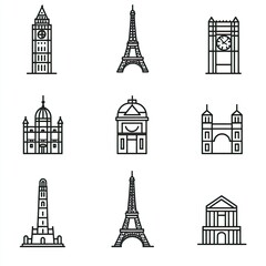 Obraz premium Nine Iconic Landmark Line Art Illustrations: Global Architectural Symbols.