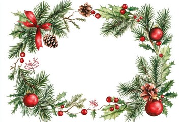 Watercolor Christmas Frame with Pine Branches and Ornaments