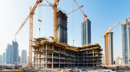 construction bustling with activity, featuring towering cranes and tall, completed buildings