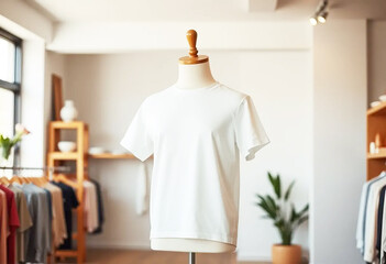 White T-Shirt Mockup on Mannequin in Minimalist Store