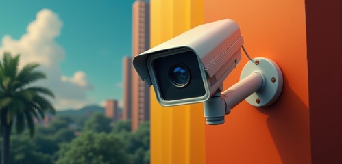 A modern security camera mounted on a vibrant wall, perfect for concepts related to surveillance, safety, and technology in urban environments.