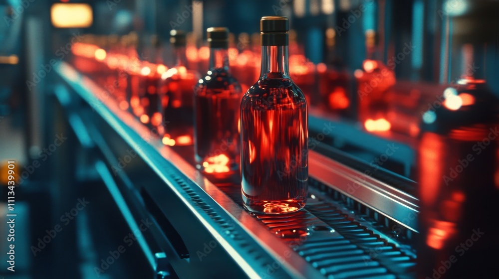 Poster Bottles of red wine are moving along a conveyor belt in a high-tech production facility. Advanced technology and artificial intelligence are being used to enhance the winemaking process efficiently.