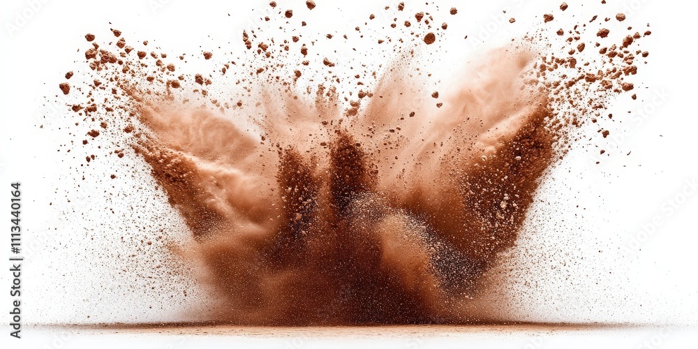 Poster brown powder explosion on a white background creating chaos and dynamic movement with dust and parti