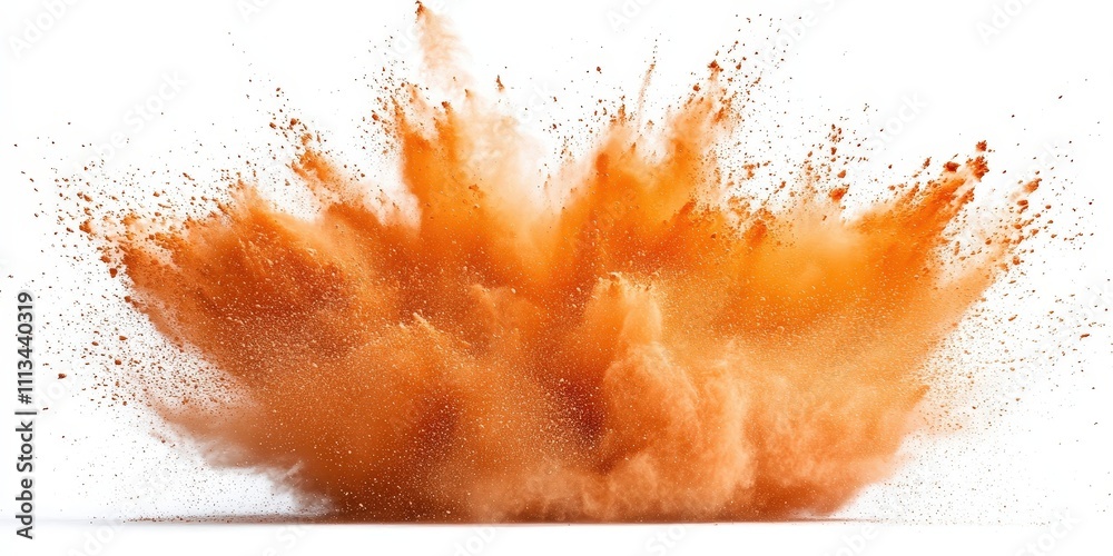 Poster dynamic brown powder explosion on white background creating chaotic visual impact with splashes and 