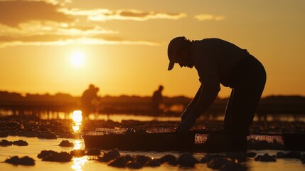 Silhouetted Oyster Farmers Harvesting at Sunset Golden Hour