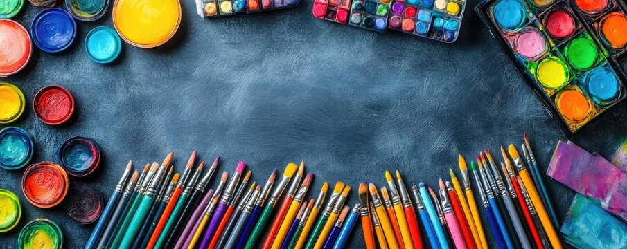 A cluttered desk filled with art supplies, showing a creative work process