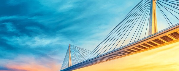 Obraz premium Stunning sunset view of modern suspension bridge urban landscape photography serene environment wide angle perspective for seo impact