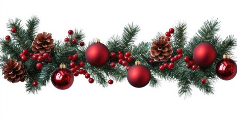 Festive Christmas Garland with Red Berries and Shiny Balls Decorated with Pine Cones and Greenery for Holiday Decoration