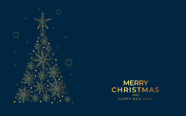 Merry christmas modern luxury greeting card banner design with gold christmas tree and snowflakes art decoration