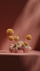 in portrait arch and rocks, 3d render mockup template red color curved cylinder podium