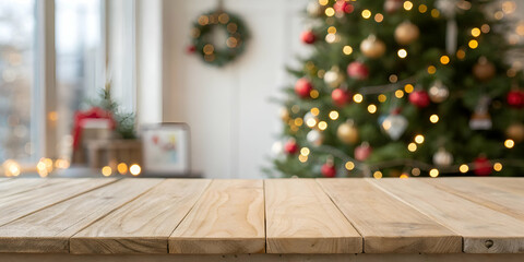 Empty wooden tabletop against blurred christmas decoration background 