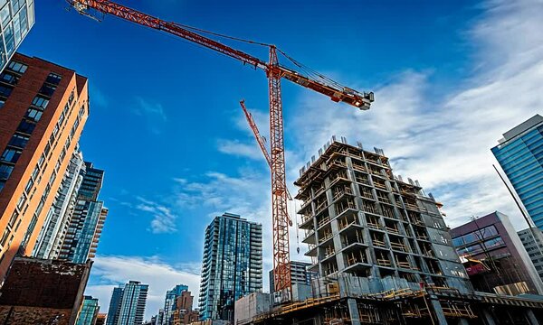 A construction site with cranes and buildings under a blue sky with scattered clouds.