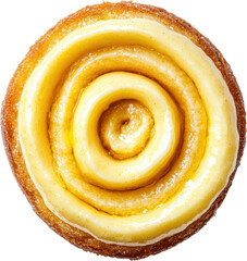 Fototapeta premium Delicious golden swirl pastry with creamy frosting.