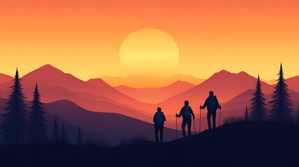 Fototapeta premium Adventurous Journey of a Couple Hiking Up a Mountain at Sunset with a Breathtaking View of Nature's Beauty and the Distant Horizon