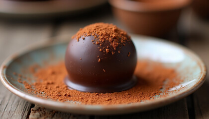 Gourmet chocolate truffle dusted with cocoa powder on rustic plate