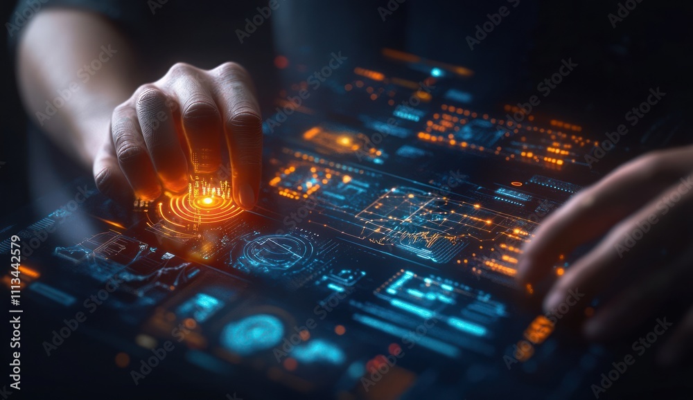 Poster Futuristic Digital Interface for Automated Data Management and Analysis with AI Technology in Business Performance Reporting