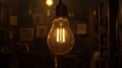 Warm, glowing Edison-style light bulb illuminates a dimly lit room filled with framed artwork. - Powered by Adobe