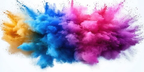Colorful Powder Explosion on White Background Creating Chaos with Vibrant Shades of Blue, Pink, Orange, and Purple Capturing Dynamic Motion and Energy