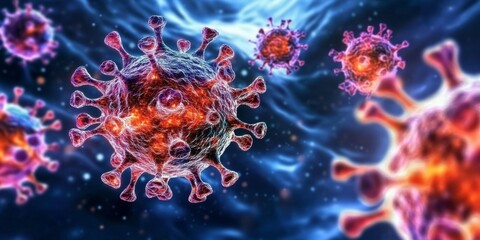 Cancer Cells in Dark Blue Background Showing Intriguing Virus Structure and Energetic Movement
