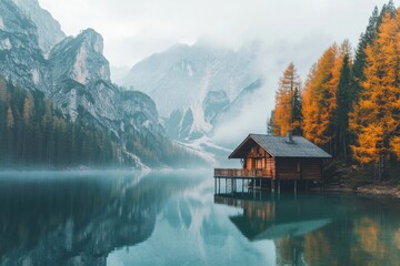 Fototapeta premium Wooden cabin on tranquil lake, surrounded by majestic mountains and autumn trees. Perfect for travel, nature, and serenity themes; evokes peace and escape.