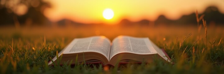 Obraz premium An open book resting in a field at sunset, symbolizing knowledge and serenity. Perfect for educational, inspirational, or wellness themes.