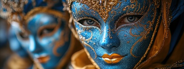 Fototapeta premium Venice Carnival Masks Vibrant Colors Masquerade Costume Party Celebration Feather Gold Theatrical Background