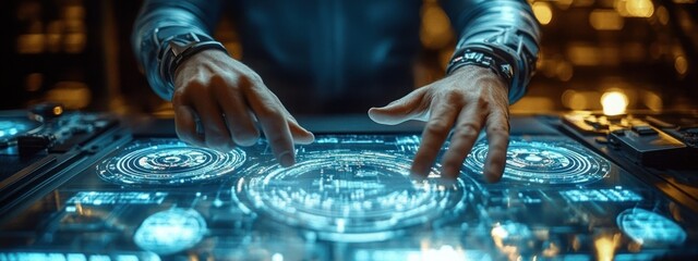 Futuristic workspace holographic interfaces digital display technology design team collaboration office research project