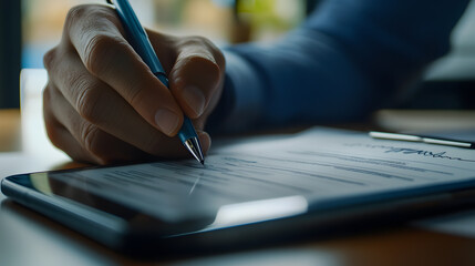 A_close up of a hand signing an online business contract