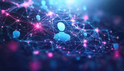 Futuristic digital illustration of interconnected lines, dots, and profile picture on a dark blue background symbolizing social network