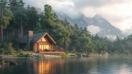 Fototapeta premium Rustic log cabin by a serene lake, nestled in a lush forest with majestic mountains in the background. Perfect for illustrating tranquility, nature escapes, vacation rentals, or cozy home concepts.