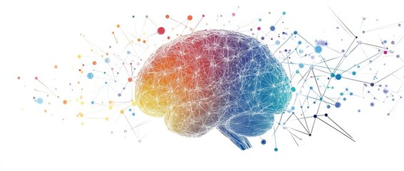 Colorful and abstract network brain illustration surrounded by white background with futuristic dimension and vibrant colors