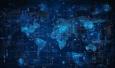 Blue World Map Digital Illustration with Colorful Lines and Dots Representing Countries and Continents in Grid Pattern