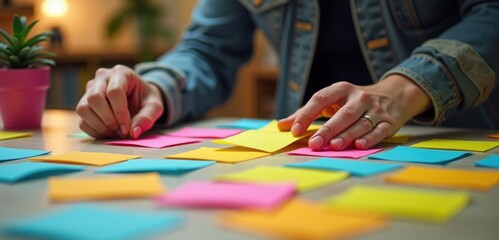 Obraz premium Hands arranging colorful sticky notes on a desk, symbolizing brainstorming, organization, and creativity in a collaborative workspace.