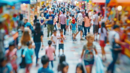Defocused crowds of children and parents exploring different booths at the school fair.