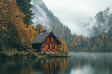 Fototapeta premium Rustic cabin by misty lake, autumn foliage. Perfect for travel, nature, or cozy home themes.