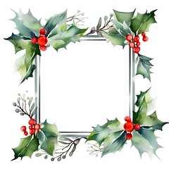Watercolor Holly Frame with Red Berries