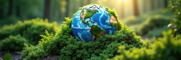 A vibrant globe surrounded by lush greenery, symbolizing environmental protection and sustainability. Perfect for eco-friendly initiatives and global awareness campaigns.