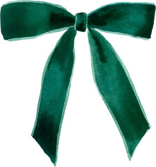 Watercolor illustration of green velvet bow isolated on transparent background