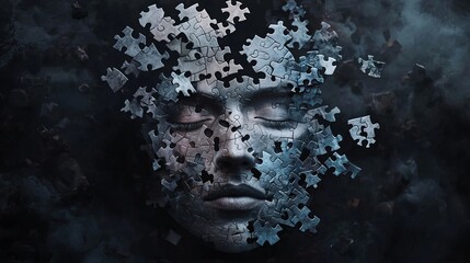 A serene face dissolves into scattered puzzle pieces, symbolizing the theme of disillusion and decay.