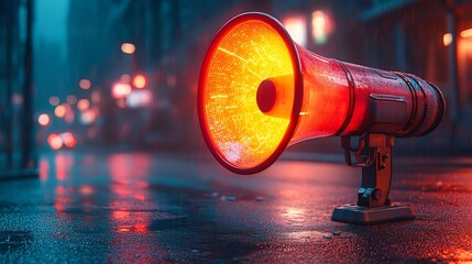 Futuristic Megaphone Projecting Holographic Messages in Neon Lit Cityscape Symbolizing Powerful Communication