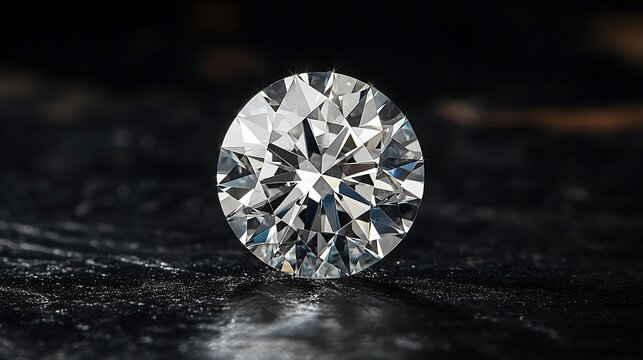 Sparkling round brilliant-cut diamond on dark surface.