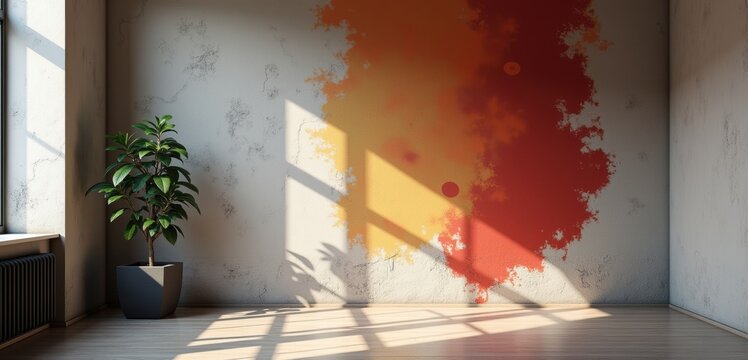 A modern interior featuring a colorful splatter wall, plants, and dynamic shadows, ideal for creative spaces, home decor, or interior design projects.