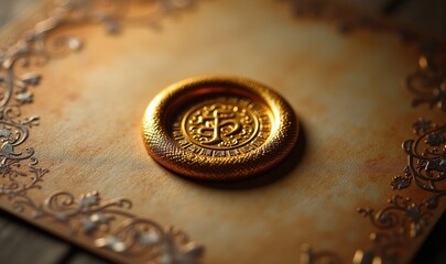 A close-up of an ornate golden wax seal on vintage-looking paper, evoking themes of tradition and elegance, perfect for invitations, branding, and historical themes.