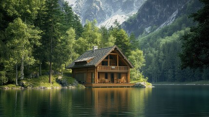 Fototapeta premium Wooden cabin on a serene lake, nestled amongst lush green trees and majestic mountains. Perfect for travel, nature, and real estate websites needing idyllic imagery.
