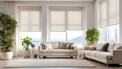 The living room has interior roller blinds installed, with white roller shades on the windows. Additionally, there is a sofa and a houseplant in the same room.