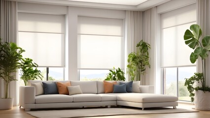 The living room has interior roller blinds installed, with white roller shades on the windows. Additionally, there is a sofa and a houseplant in the same room.