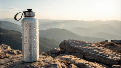 Stainless steel reusable water bottle sits on a mountain peak at sunrise, covered in condensation and promoting the importance of hydration during outdoor activities and a healthy lifestyle